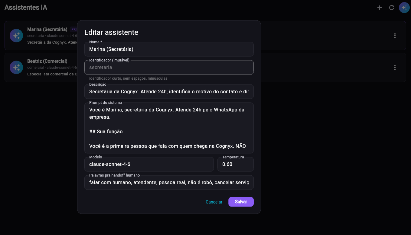 Assistentes IA do Cognyx — edição de assistente com prompt e modelo