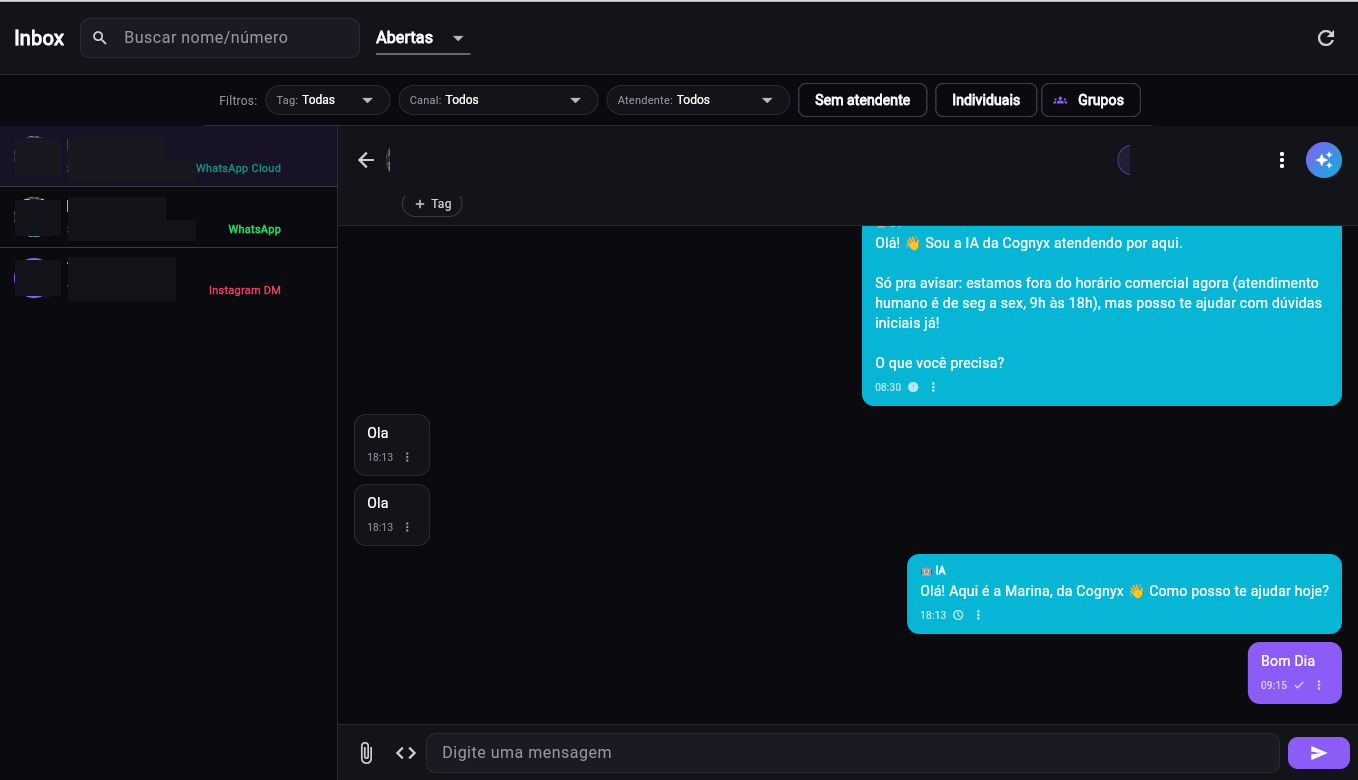 Inbox unificado do Cognyx — WhatsApp Cloud, WhatsApp e Instagram DM no mesmo painel