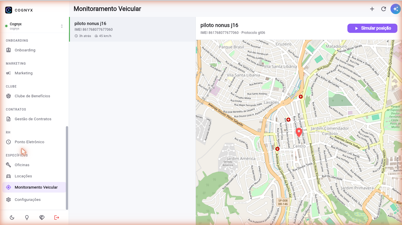 Monitoramento Veicular do Cognyx — dispositivo no mapa em tempo real com IMEI, velocidade e protocolo