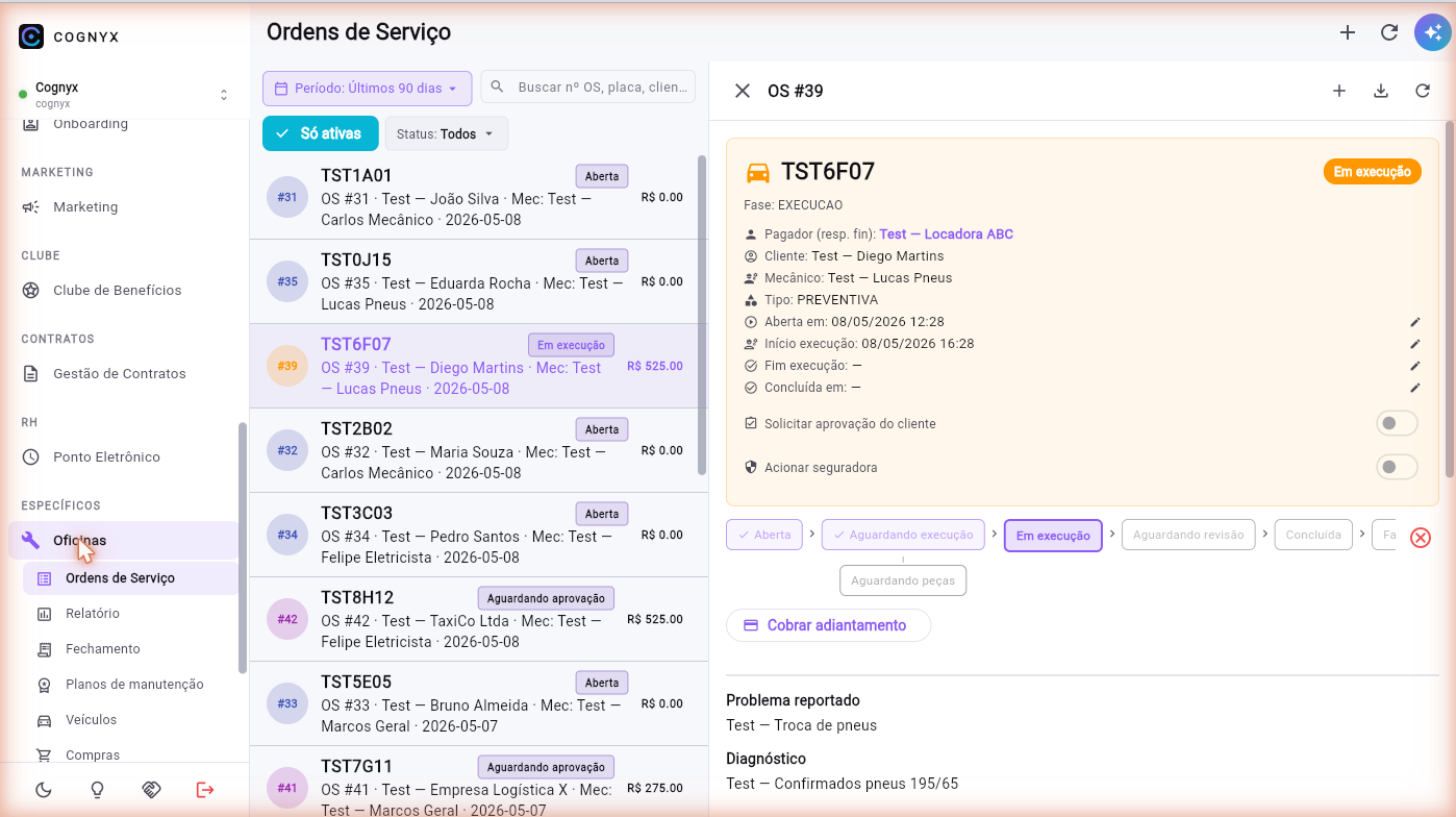 Ordem de serviço do Cognyx — veículo, serviços, peças, mão de obra e etapas