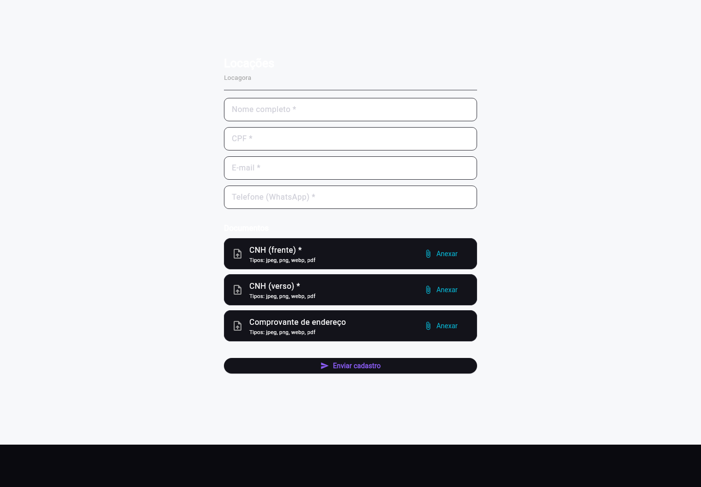 Formulário público de onboarding do Cognyx — captura de cadastro e documentos